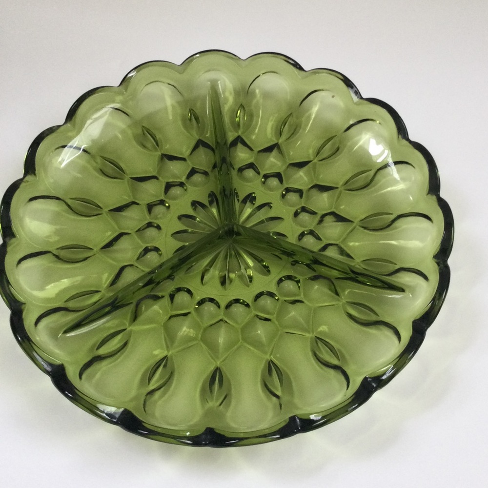 VTG Green Divided Relish Tray Scalloped Edged